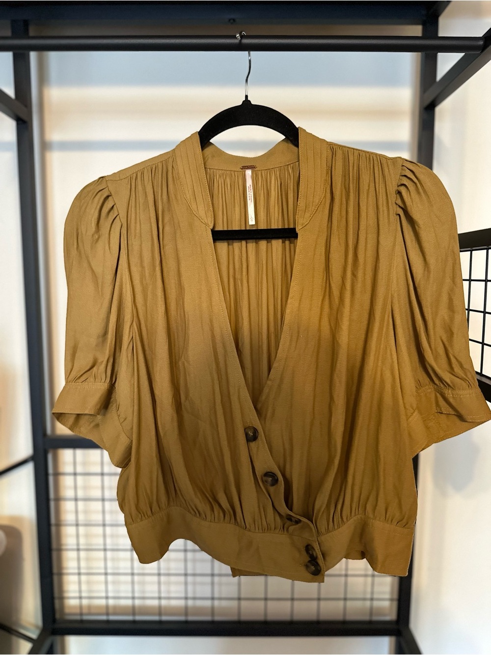 Free People Olive Button-Front Puff Sleeve Top